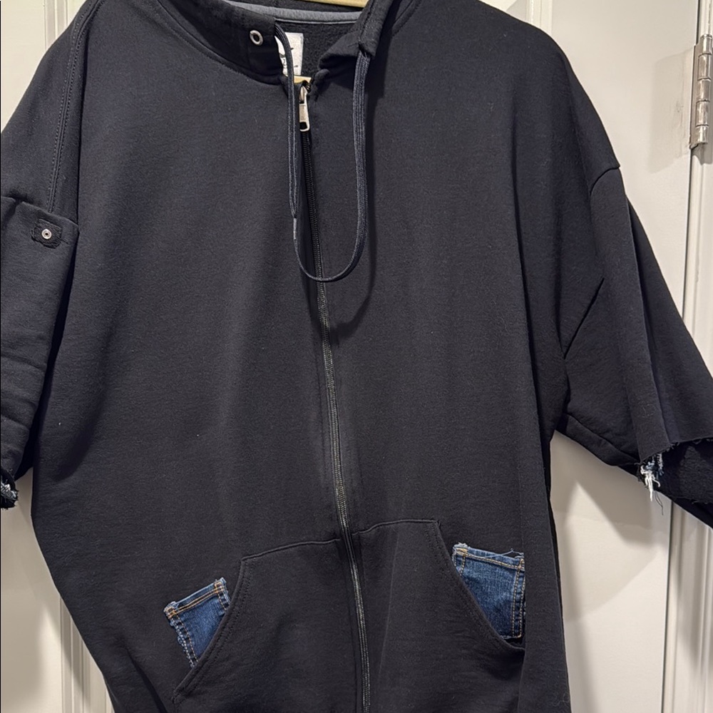 Black Short Sleeve Hoodie with Denim Accents